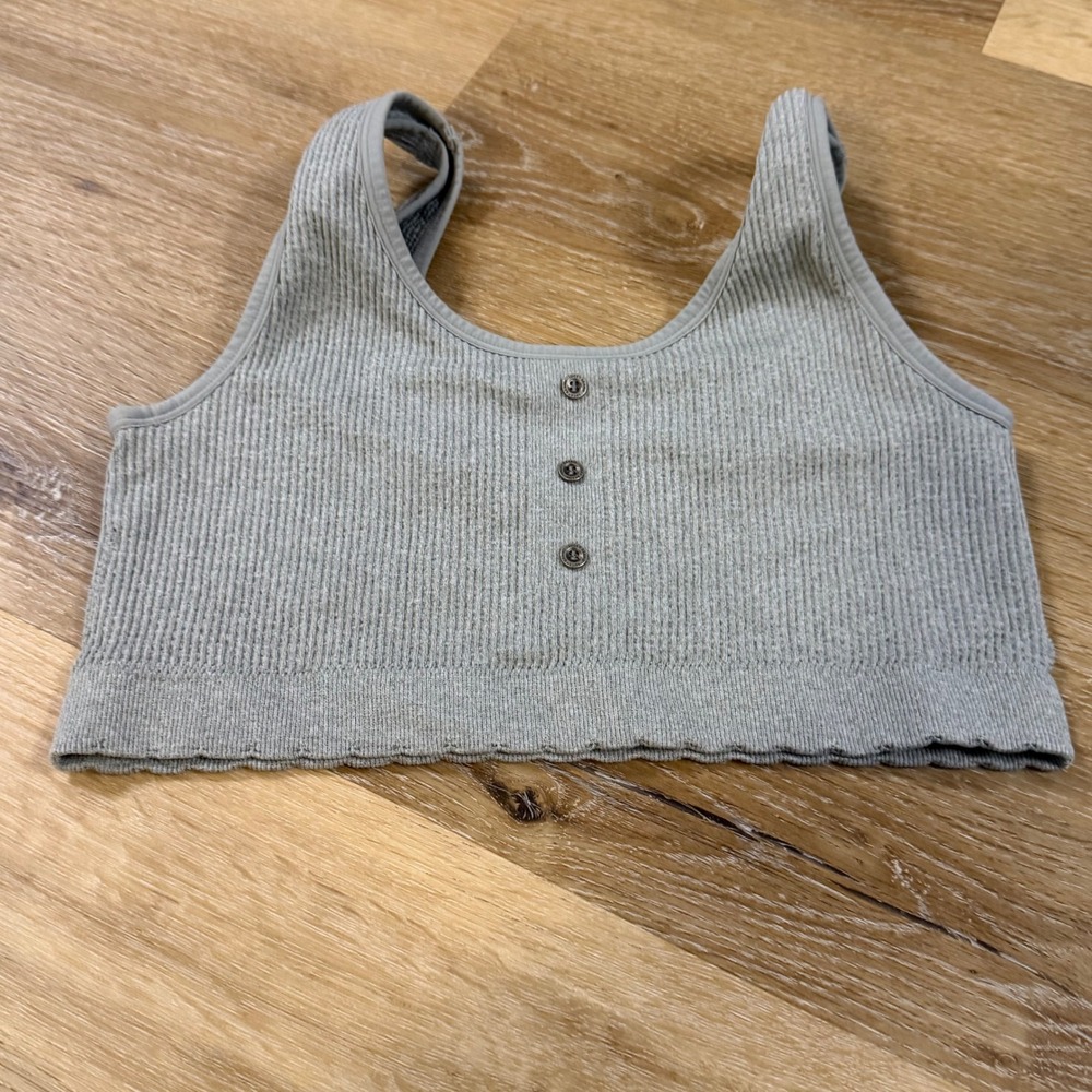 Lucky Brand Gray Ribbed Seamless Bralette Scoop Neck Button Front Lounge Top 1X